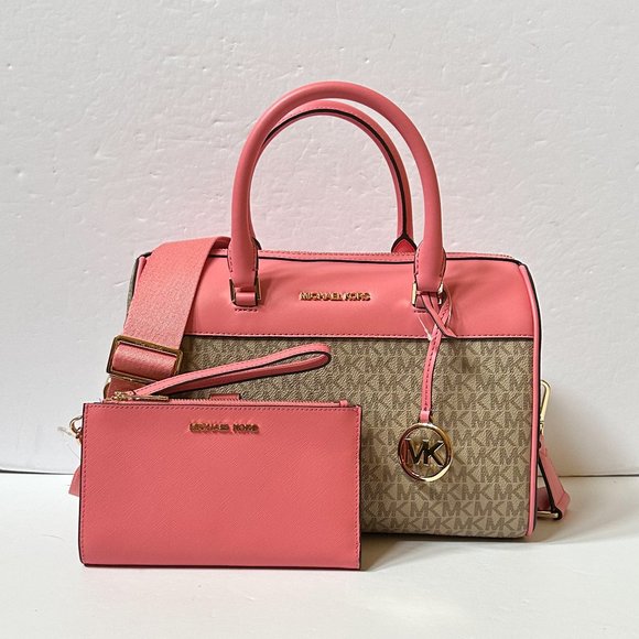 Michael Kors Jet Set Medium Satchel Shoulder Duffle Bag + Wallet Tea Rose Multi - Picture 1 of 10